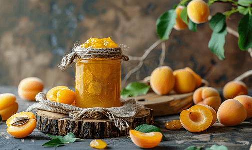 营养表成分表摄影照片_玻璃罐中自制有机杏果酱和乡村木桌上的熟杏