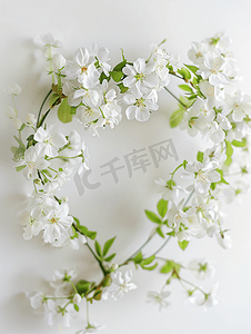 浪漫草地摄影照片_温柔的心形花环与白色的花朵