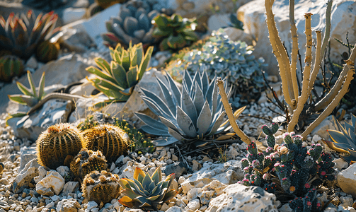 对称背景摄影照片_干旱花园中的沙漠花园双色地被植物