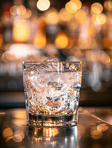 银色流沙摄影照片_酒吧桌上的银色玻璃杯中盛有冰块的酒精鸡尾酒