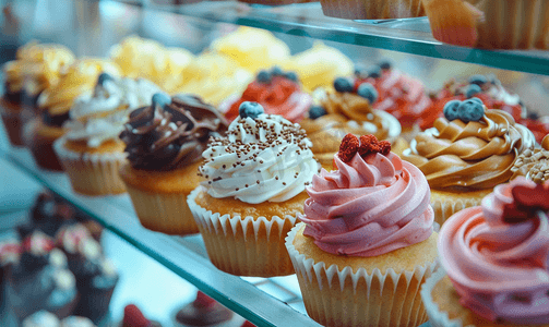 糕点水果摄影照片_糕点店橱窗配有各种纸杯蛋糕选择性焦点