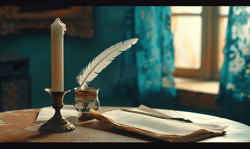 羽毛写摄影照片_墨水瓶中的羽毛笔圆桌上的老式烛台和纸