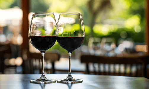 餐饮玻璃设计摄影照片_户外餐厅的两杯黑葡萄酒
