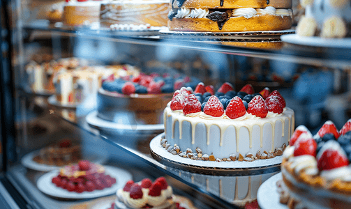 五四橱窗摄影照片_糕点店橱窗展示各种甜点和蛋糕的选择性焦点