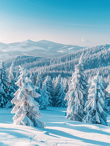冬季山摄影照片_被雪覆盖的松树美丽的冬季风景霜冻自然