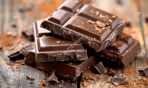 黑糖生姜摄影照片_木桌上的巧克力棒黑巧克力碎片食物背景