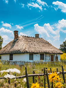 屋顶摄影照片_乌克兰村庄传统乌克兰乡村房屋采用稻草屋顶