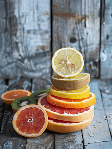 木质背景上一堆橙子、柠檬、猕猴桃、葡萄柚片