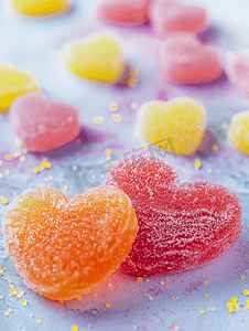 两颗心形的糖果旁边是很多糖果心形的果酱糖果