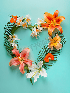 水彩热带树摄影照片_东方百合和小苍兰的热带心花环