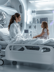 看病床摄影照片_女医生和小女孩坐在病床上看病例
