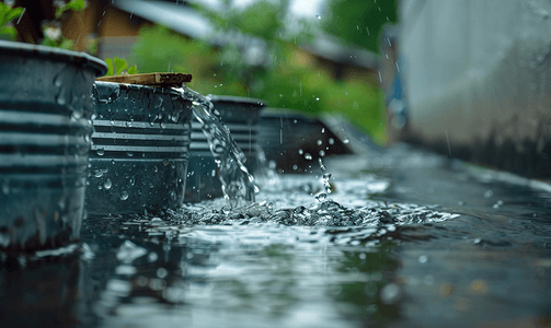 雨后排水管和装满水的金属桶的特写