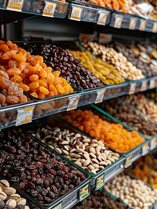 价格分类摄影照片_超市或杂货店货架上的葡萄干坚果和蜜饯水果