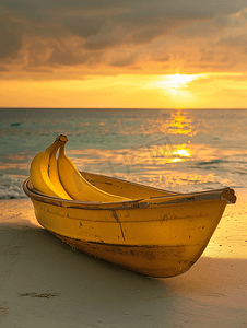 日落海滩上的香蕉船