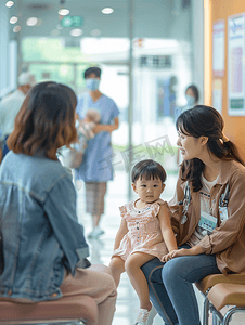 门诊部治疗亚洲年轻妈妈带着孩子看医生