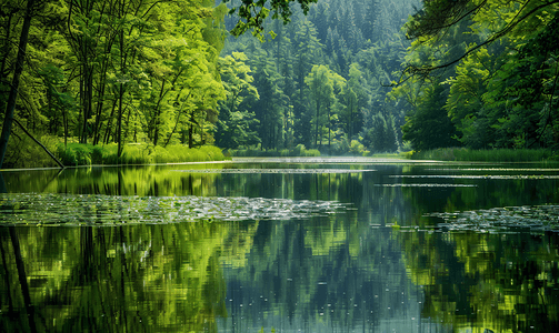 秀丽摄影照片_大森林湖水中的倒影