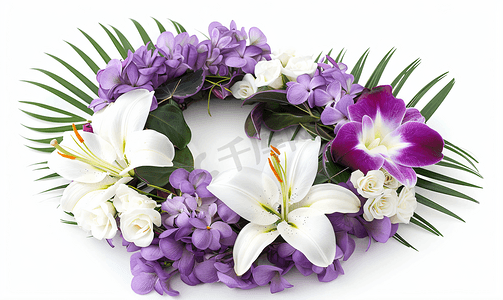 带白百合和紫罗兰小苍兰的热带心形花环