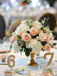 数字花卉摄影照片_餐厅婚礼餐桌上的第六号