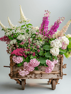 木车中的花组成盛开的落新妇铁线莲绣球花和玉簪