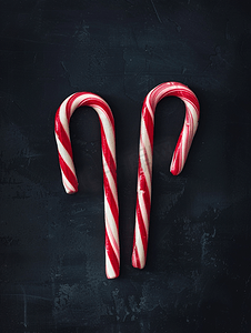 红色贺卡摄影照片_圣诞快乐新年贺卡黑色背景中的两根棒棒糖