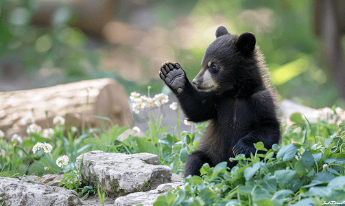 可爱的棕色黑熊幼崽在外面玩耍