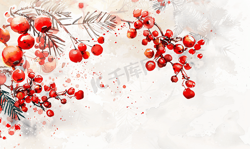 手绘小元素摄影照片_圣诞水彩边框与啤酒和红色浆果