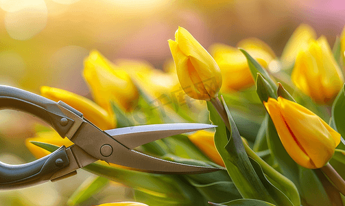 花园修枝剪剪掉黄色郁金香叶子的特写