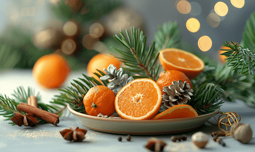 边框树枝摄影照片_圣诞花卉小插图配有麦芽酒树枝、橙子和香料