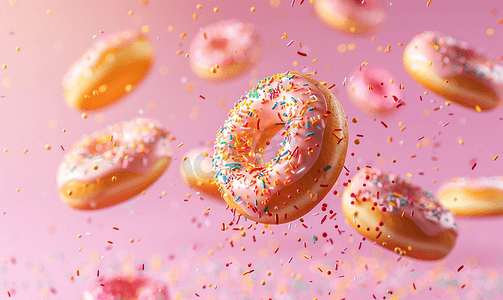 甜甜圈蛋糕摄影照片_运动中的釉面甜甜圈落在带有彩色糖粒的粉红色背景上