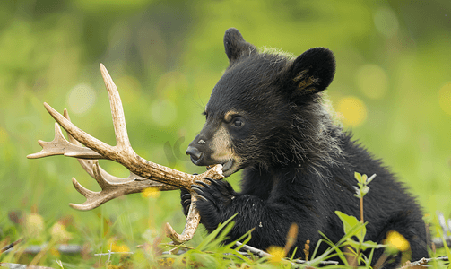 动物小熊的卡通摄影照片_非常可爱的黑熊幼崽玩鹿角