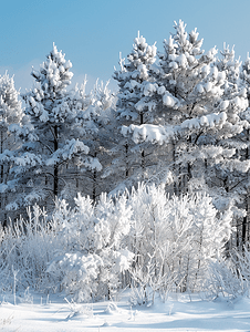 气候班花摄影照片_被雪覆盖的松树美丽的冬季风景霜冻自然