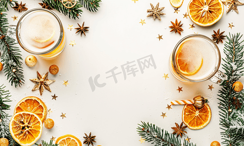 圣诞水彩边框配啤酒和干橙子