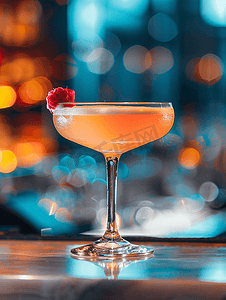 新鲜柑橘摄影照片_酒吧桌上玻璃杯中的玫瑰酒精鸡尾酒