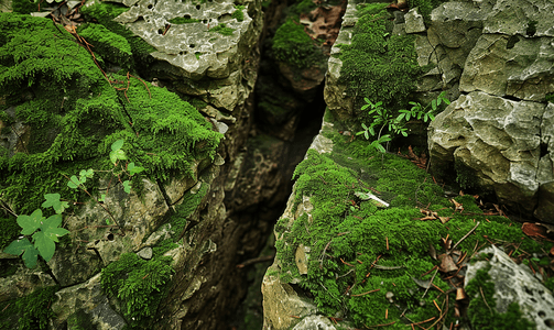 岩石间的缝隙被绿色覆盖