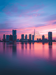 梦幻天空紫色摄影照片_鹿特丹黄昏天际线