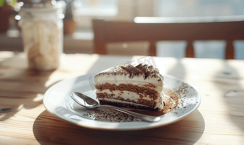慕斯盘子蛋糕摄影照片_桌上的白盘子里放着提拉米苏蛋糕还有一把勺子