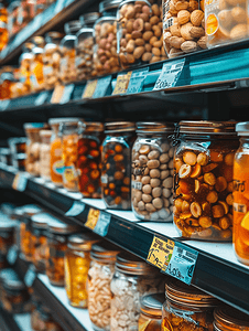 超市或杂货店货架上自制的花生果酱罐