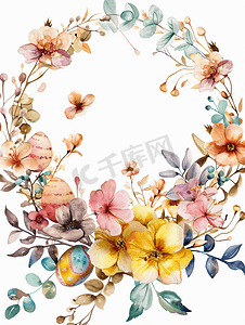 水彩花卉框架摄影照片_用鲜花和鸡蛋装饰水彩花环