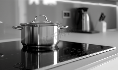 家居背景厨房摄影照片_电炉上的钢锅现代黑白厨房