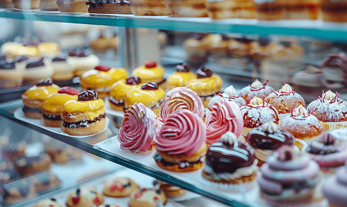 泡芙美食摄影照片_糕点店展示橱窗提供各种泡芙、马卡龙、蛋挞等精选焦点