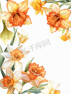 公司画册模板摄影照片_春天水彩框架与水仙花花