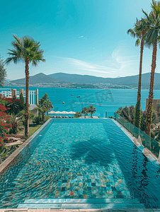 蓝色易拉宝x展架摄影照片_土耳其博德鲁姆豪华皇家酒店的壮丽景色