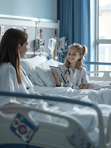 护士陪伴住院的小女孩看平板电脑