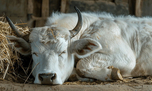 保护环境摄影照片_白化水牛在马厩里睡觉
