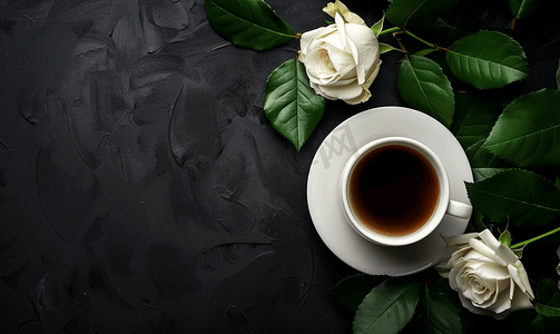 黑色背景上的一杯黑咖啡和白玫瑰顶视图复制空间