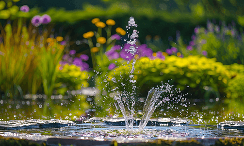 水草丰美摄影照片_装饰池塘和喷泉溅水草和花