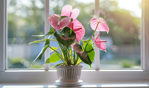 红色喜庆开业摄影照片_窗台家庭园艺家庭植物中粉红色盛开的红掌花