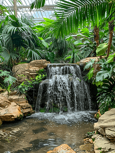 自然喷泉摄影照片_绿色热带植物之间的人工迷你瀑布