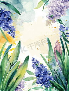 蓝色水彩水彩摄影照片_带风信子花的春季水彩方形框架