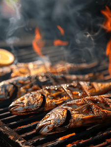 烤鲜鱼在户外用火烹饪烧烤海鲜